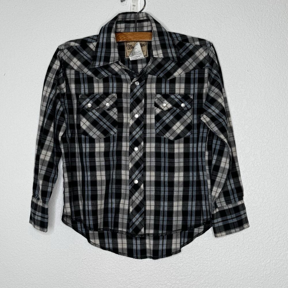 Wrangler Boys‎ Button Down Shirt Size Small Black Blue Plaid Pearl Snap Western